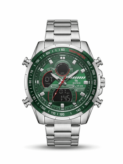 Green dial sports watch with silver metal bracelet, dual subdials and date window