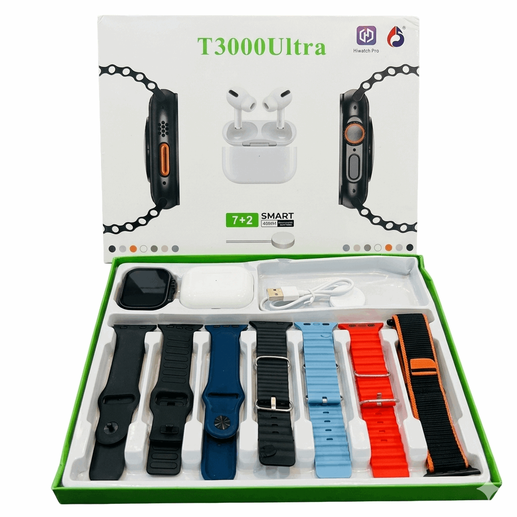 Smartwatch combo set with dark-screen watch and multiple colored replacement straps, cable
