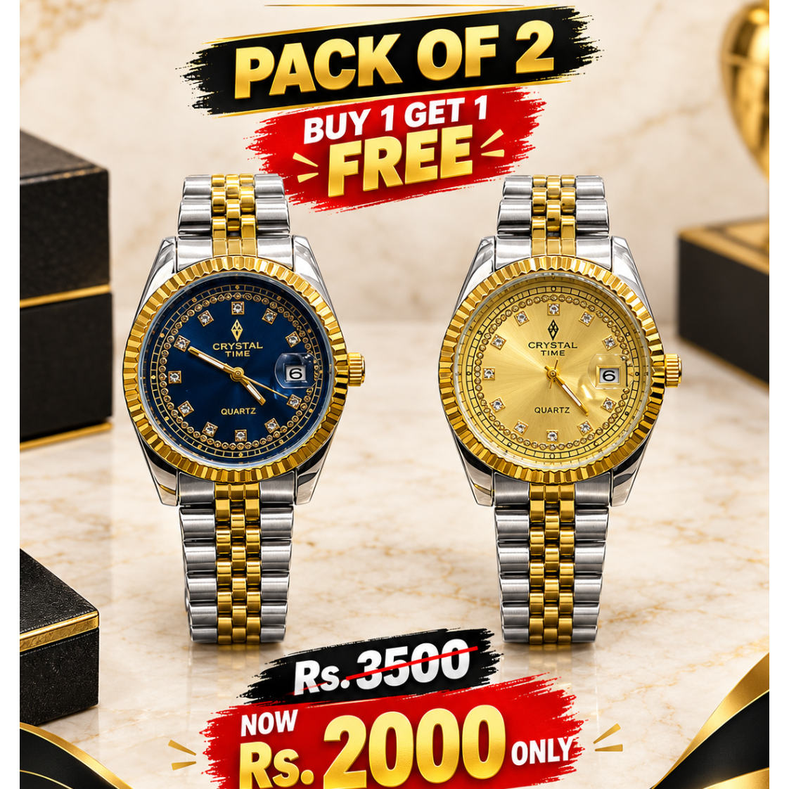 Two-tone wristwatch set of 2, dark blue and gold dial with crystal markers, bracelet links