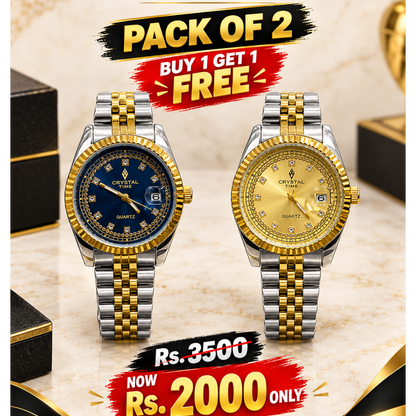 Two-tone wristwatch set of 2, dark blue and gold dial with crystal markers, bracelet links