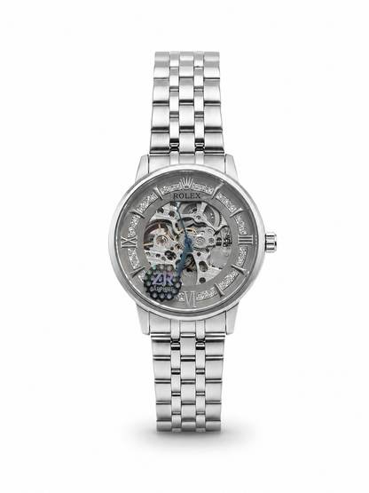 Men's skeleton automatic watch with silver steel bracelet, silvery open dial skeleton movement