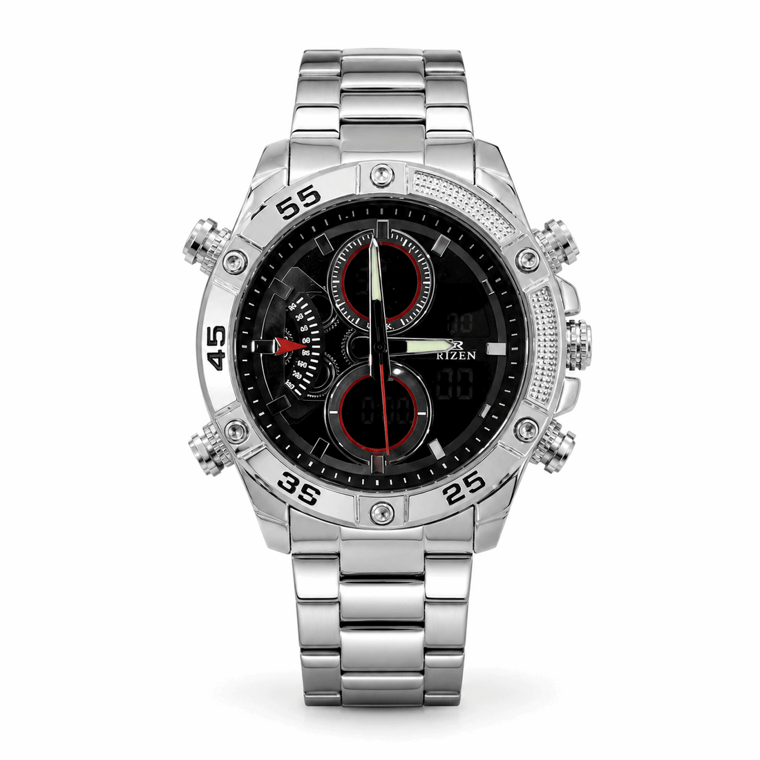 Gold-tone sport wristwatch with black dial, dual time subdials, metal link bracelet