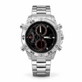 Silver sport wristwatch with black dial, red accents, metal link bracelet, dual time