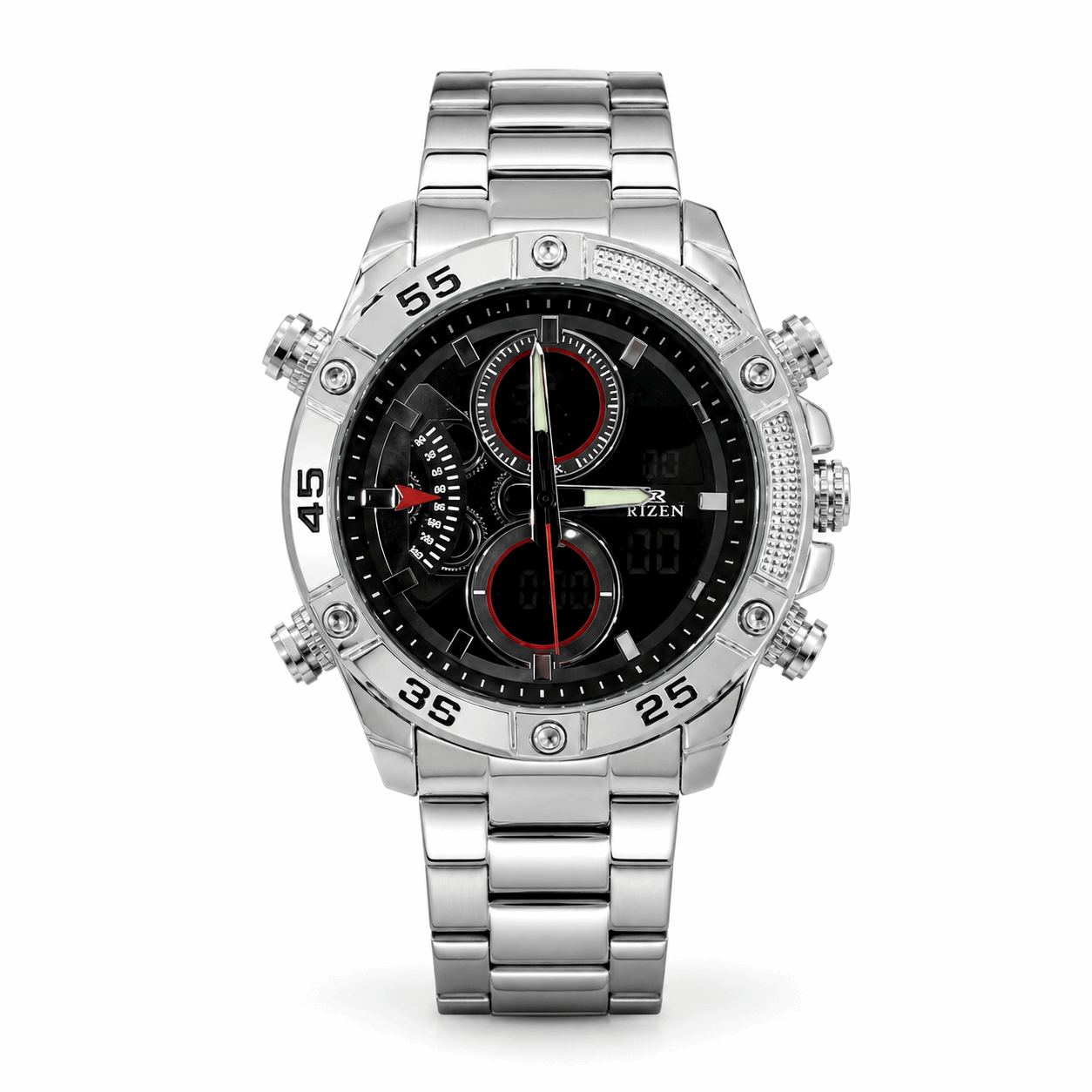 Silver sport wristwatch with black dial, red accents, metal link bracelet, dual time