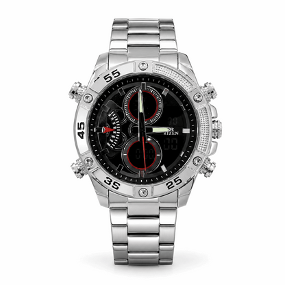 Silver sport wristwatch with black dial, red accents, metal link bracelet, dual time