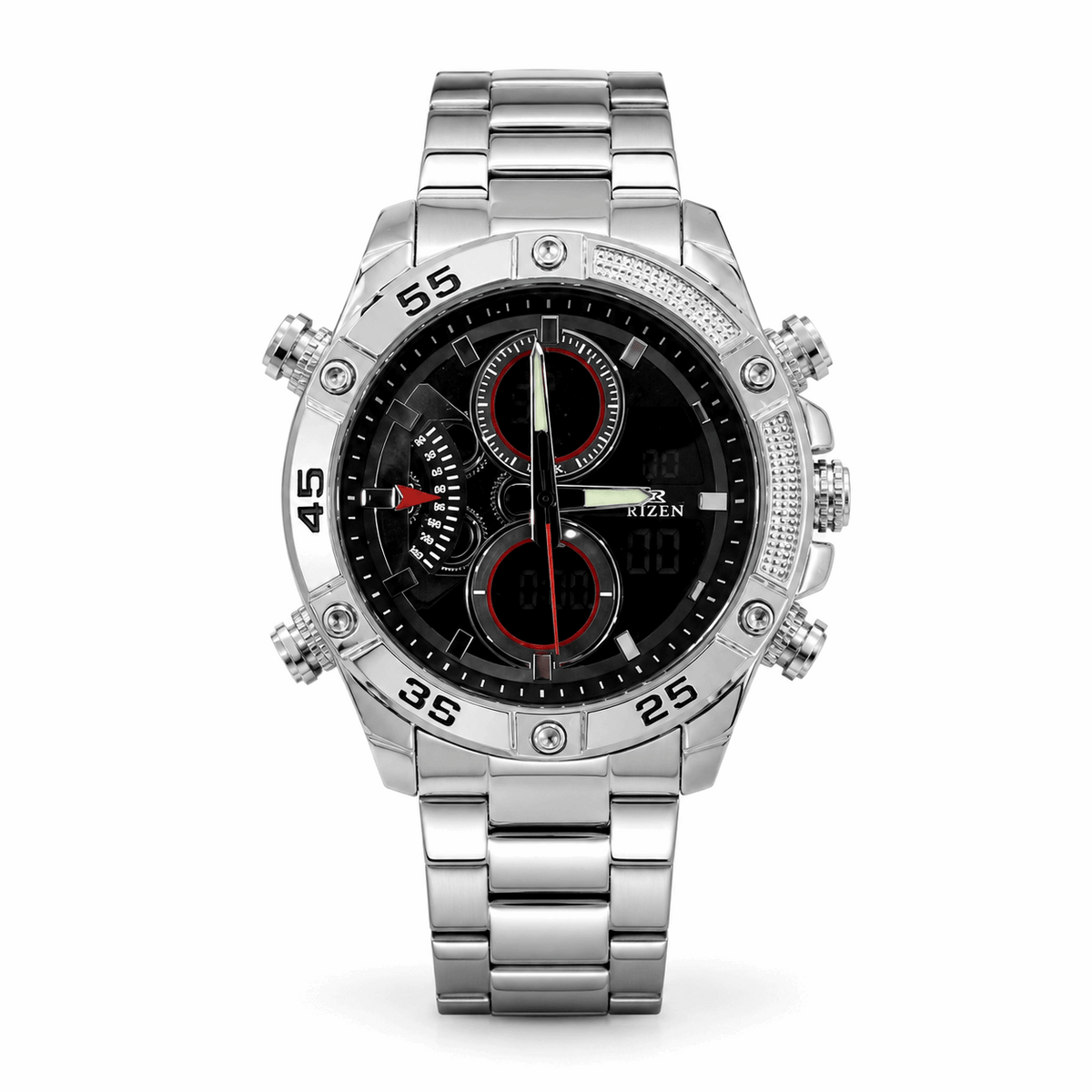 Silver sport dual-time wristwatch with metal link bracelet and chronograph subdials.
