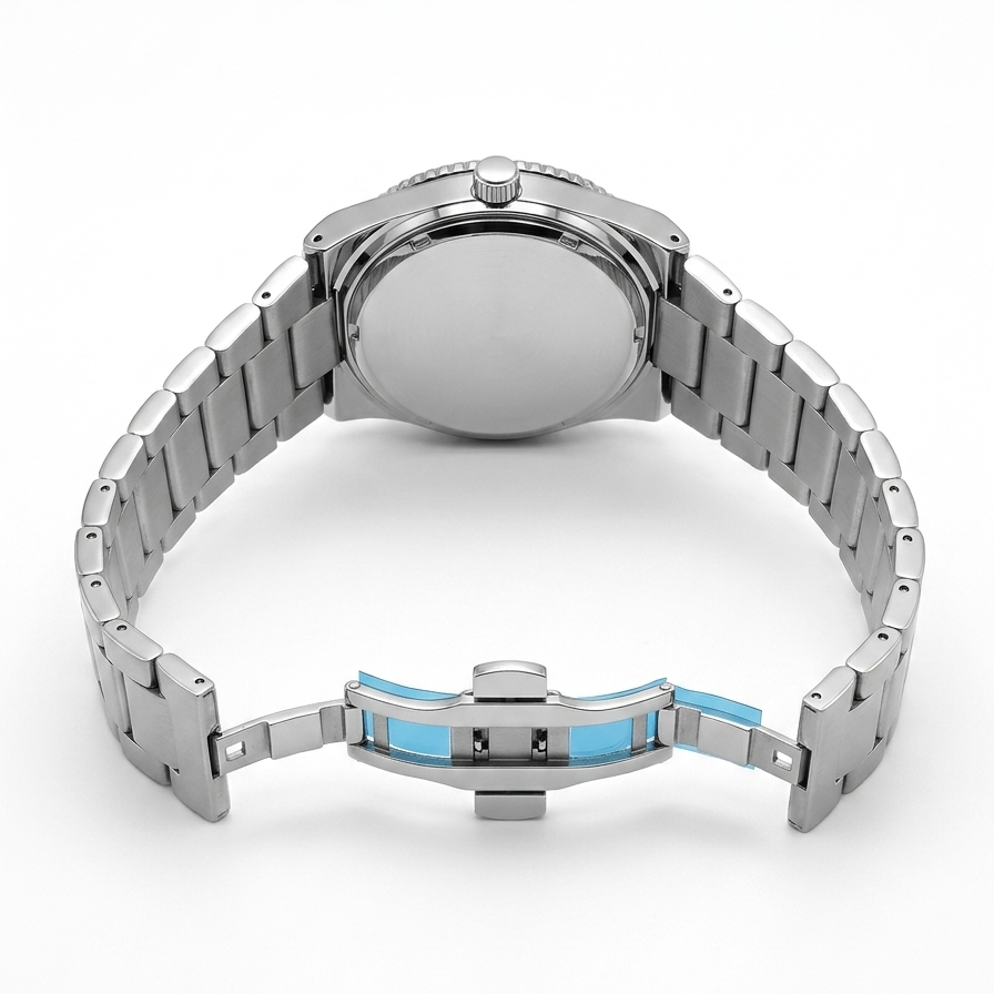 Waterproof quartz watch for men, silver metal bracelet and case back