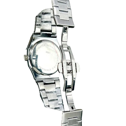 Patek Philppe round stainless steel men's watch with silver bracelet and white dial
