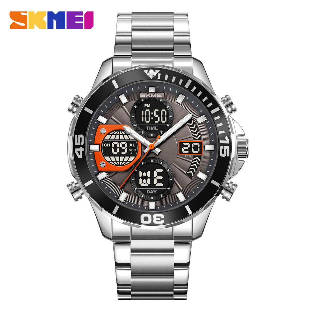 SKMEI waterproof men's wristwatch with black dial, metal link bracelet, chronograph subdials