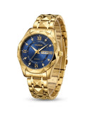 Men's diamond-cut waterproof watch, gold case with blue dial and gold link bracelet
