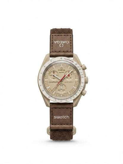 Chronograph watch with brown leather strap and silver-tone round case