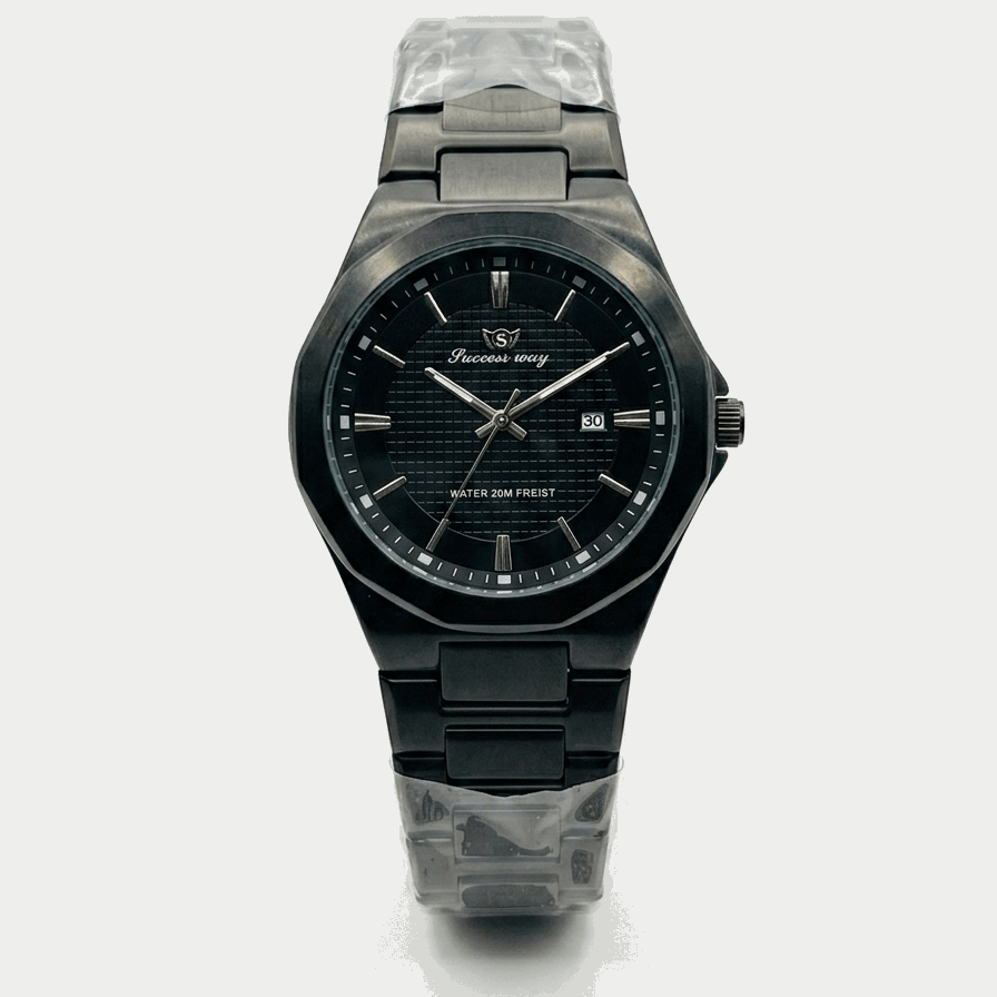 Men's black stainless steel wristwatch with round dark dial and linked bracelet