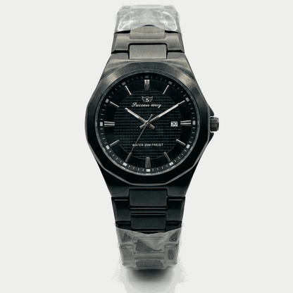 Men's black stainless wristwatch with round dial, three hands, and date window