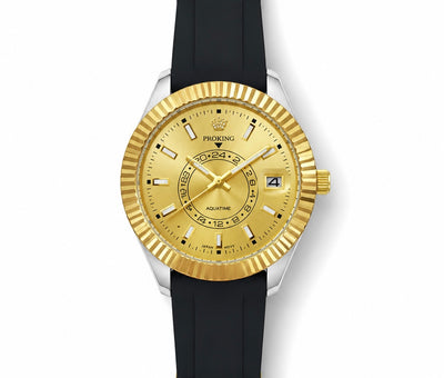 PORKING silicone strap men’s watch with gold-tone case, black band, and gold dial