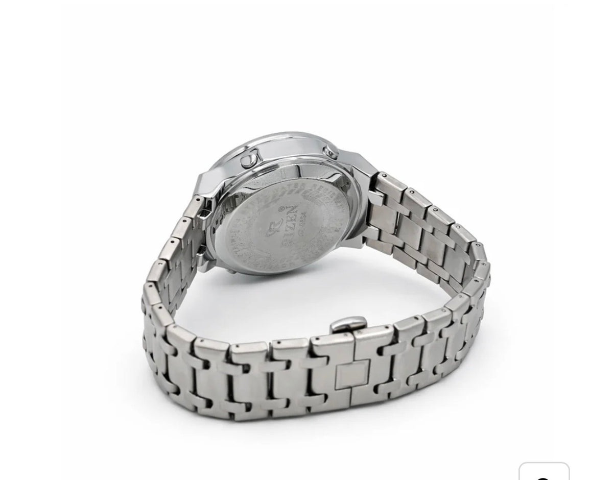 Dual time sports watch back view with silver metal link bracelet, side of case visible