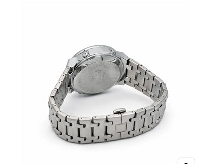 Dual time sports watch back view with silver metal link bracelet, side of case visible