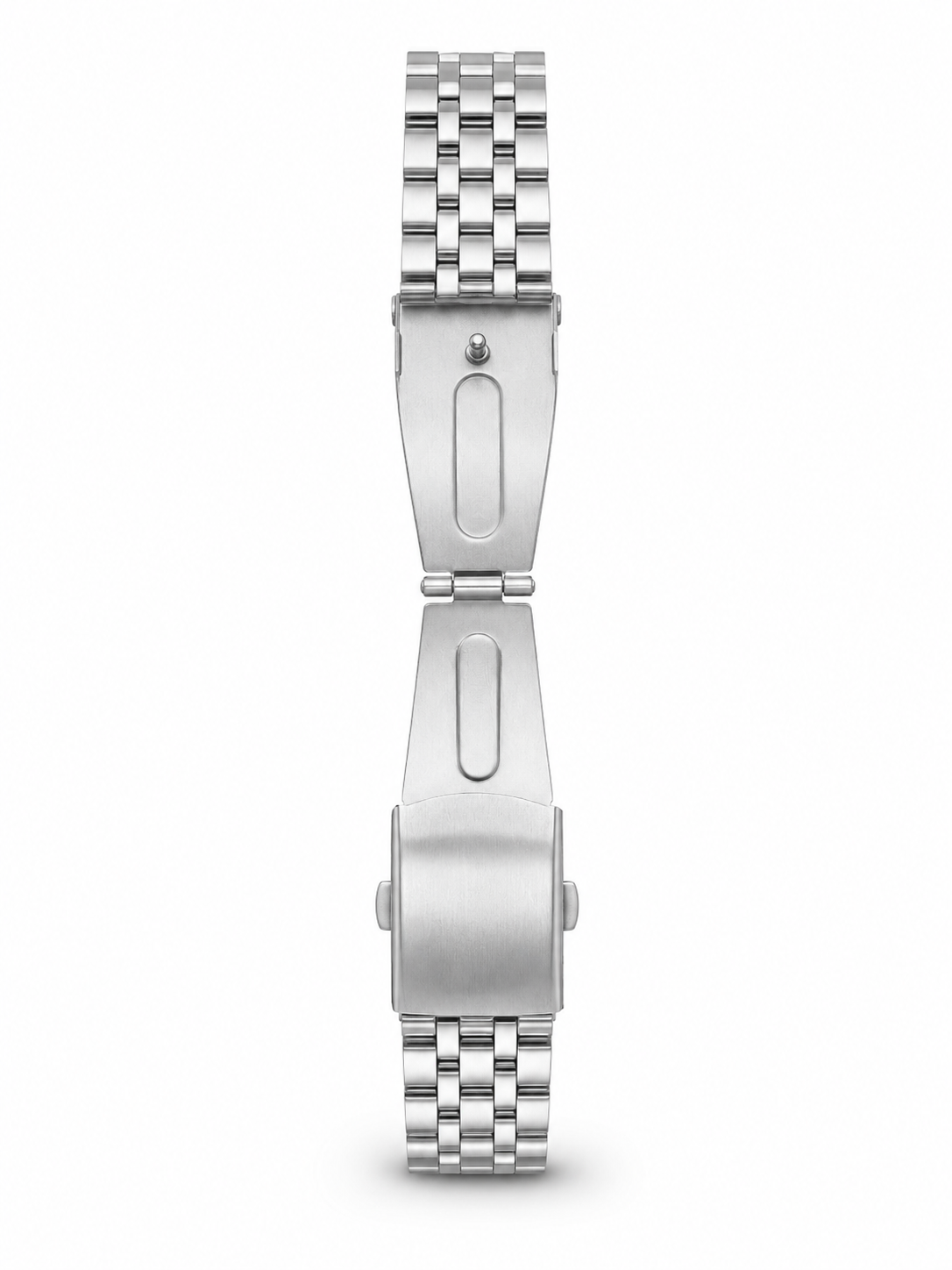 Silver steel watch, rear view with bracelet links and clasp
