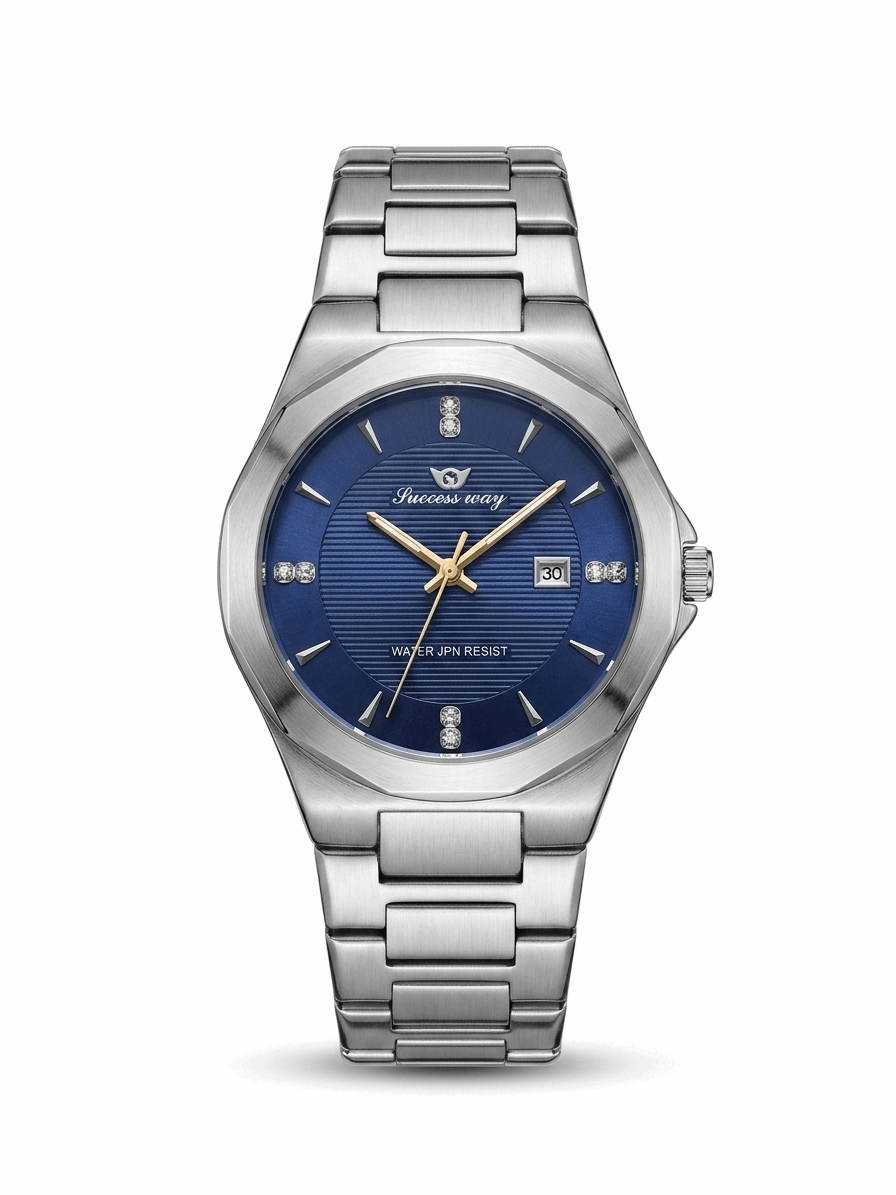 Men's stainless steel analog watch with blue dial, date window at 3, metal bracelet
