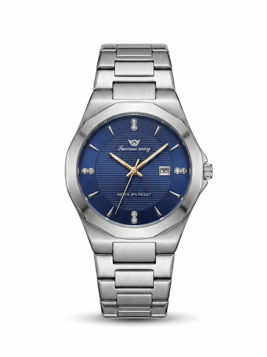 Men's stainless steel analog watch with blue dial, date window at 3, metal bracelet