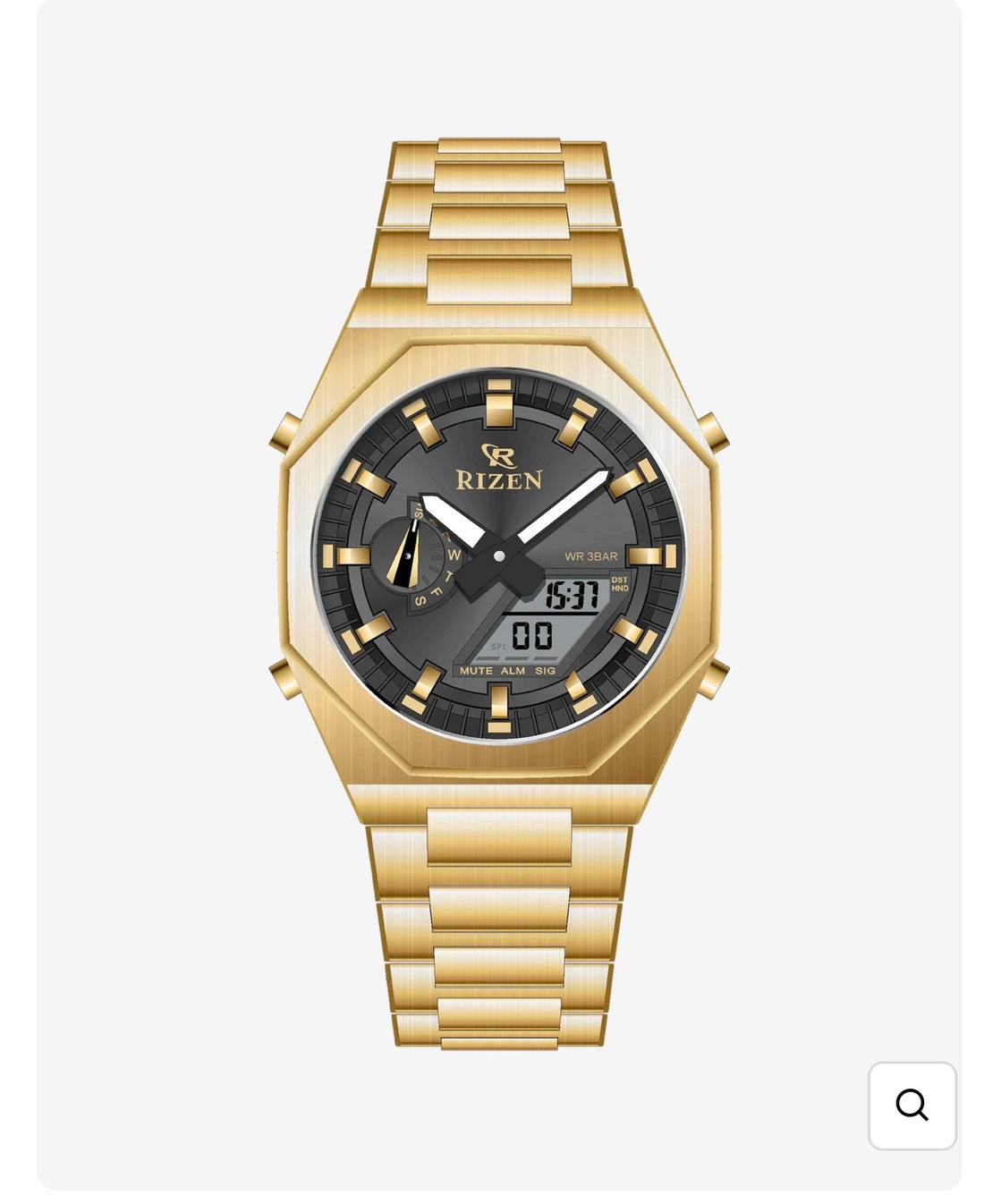 Rizen Dual Time sports watch with gold-tone bracelet and dark dial
