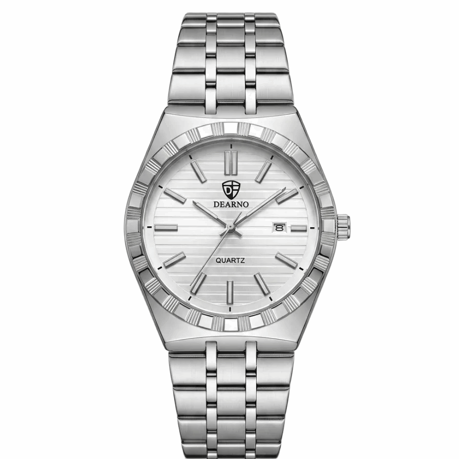 Stainless steel men's watch, white dial with stick markers and date window