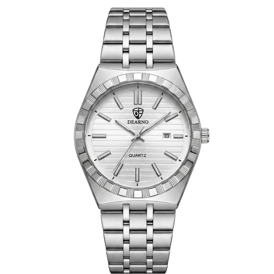 Men's round stainless steel watch with white dial and metal bracelet, date window