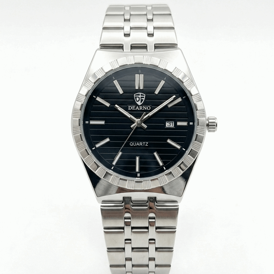 Two-tone stainless steel men's watch, gold dial, stick markers, date window
