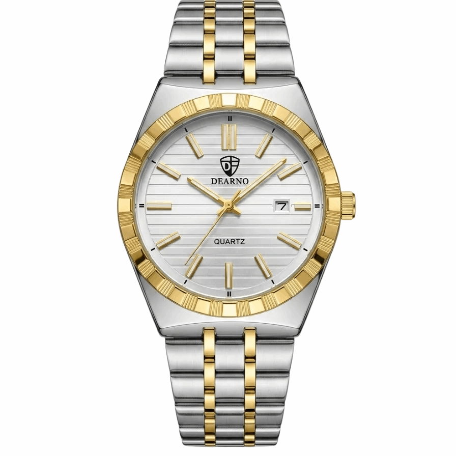 Two-tone stainless steel men's watch, gold dial, stick markers, date window