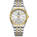 Men's round stainless steel watch with gold-tone dial and bracelet, date window