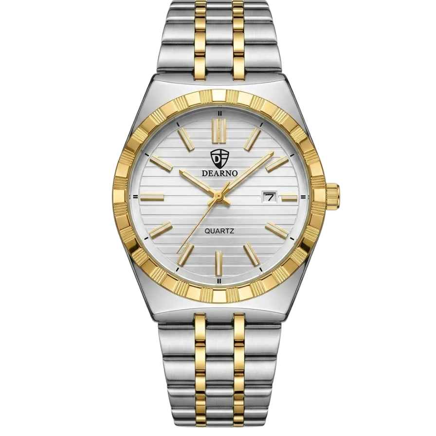 Men's round stainless steel watch with gold-tone dial and bracelet, date window