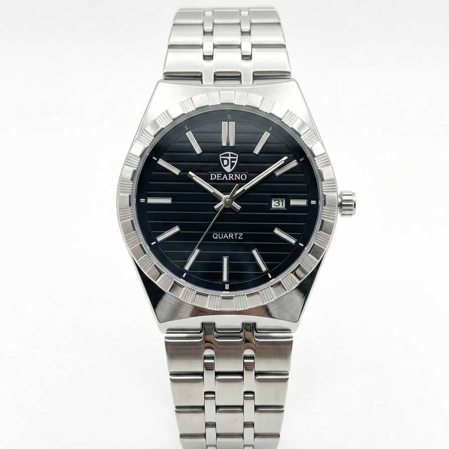Men's round stainless steel watch with dark dial, metal bracelet, date display