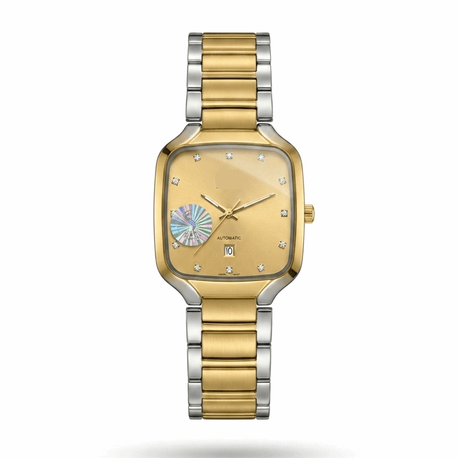 Two-tone square men’s watch, blue dial with crystal markers and date window