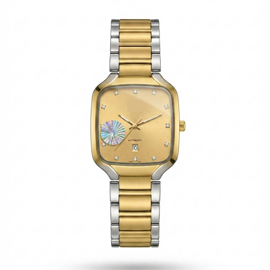 Rado men's square automatic watch with blue dial and two-tone stainless bracelet