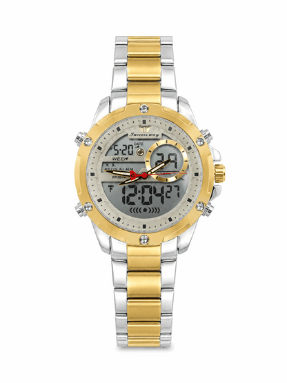 Two-tone dual time wristwatch with gold dial and metal link bracelet
