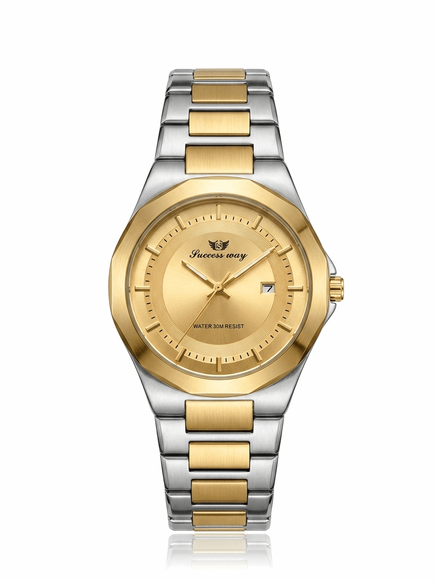 Two-tone men's wristwatch, gold dial with markers and metal link bracelet