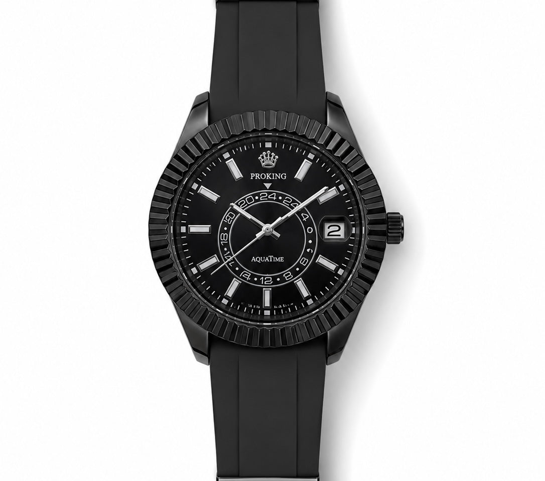 PORKING silicone strap men’s watch with black case, black dial, and black band
