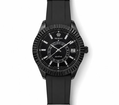 PORKING silicone strap men’s watch with black case, black dial, and black band