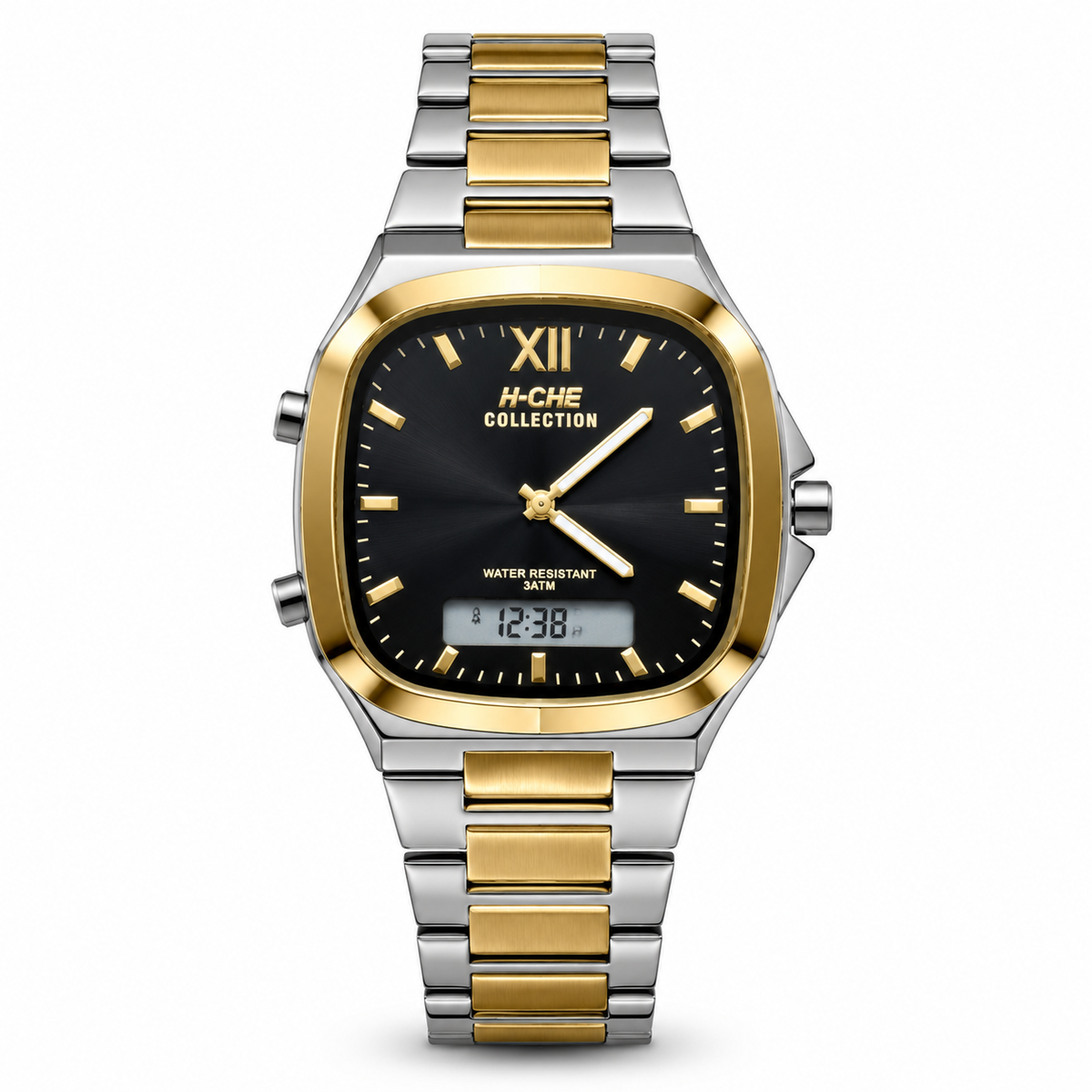 Two-tone dual time watch with black dial, gold bezel, and digital time display on face