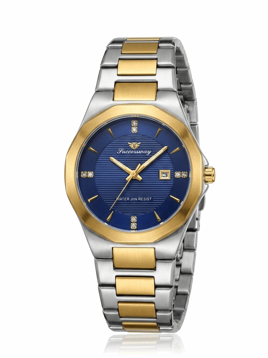Two-tone men's wristwatch, blue dial with gold markers and metal link bracelet