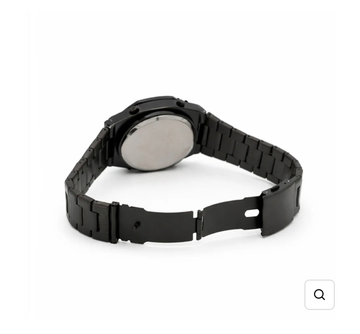 Black metal link watch strap with round case, side view
