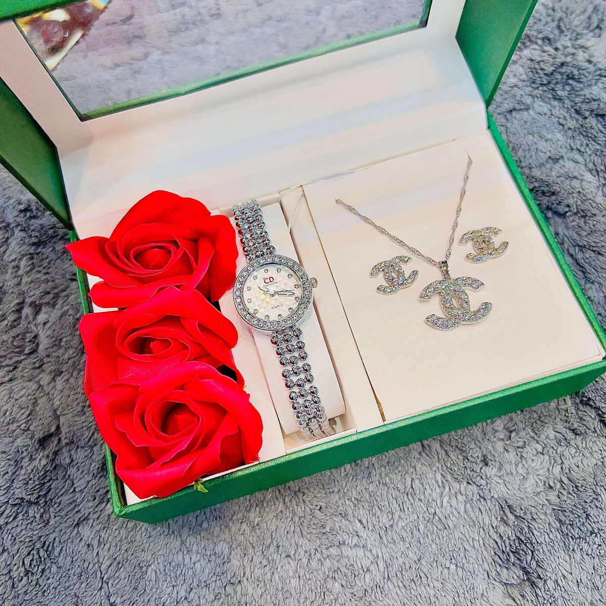 Silver-tone watch and crystal butterfly necklace set with matching bracelet and drop earrings