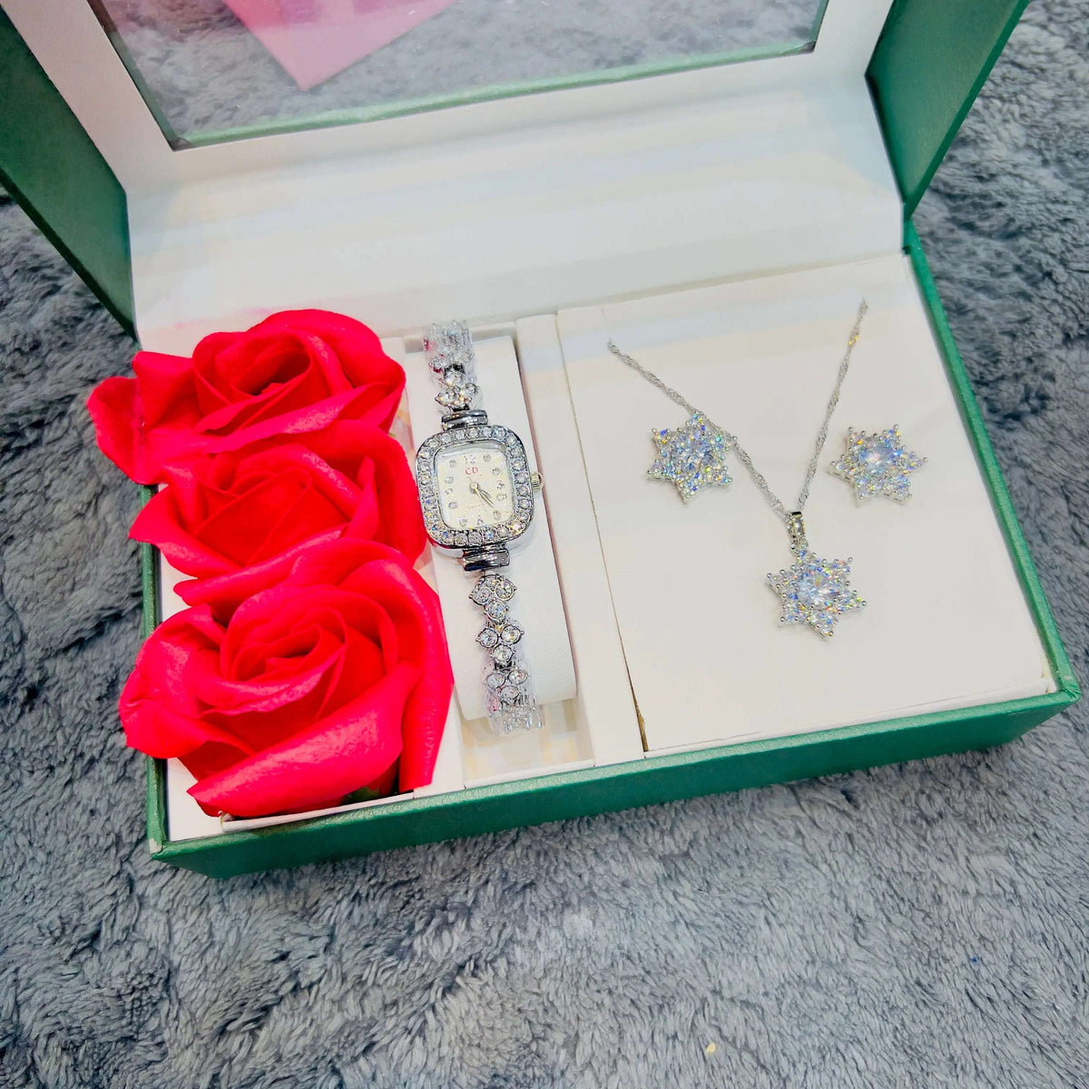 Silver-tone watch and butterfly pendant necklace set with matching bracelet and drop earrings