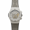 Men's wristwatch with silver case, light gray textured strap, and visible chronograph