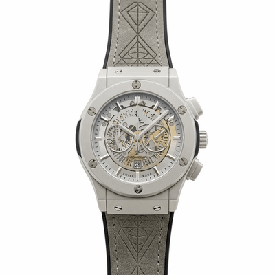 Men's wristwatch with silver case, light gray textured strap, and visible chronograph