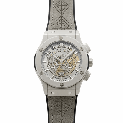 Men's wristwatch with silver case, light gray textured strap, and visible chronograph