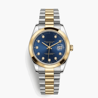 Two-tone men's quartz Datejust watch, gold bezel, blue dial, steel-gold bracelet.