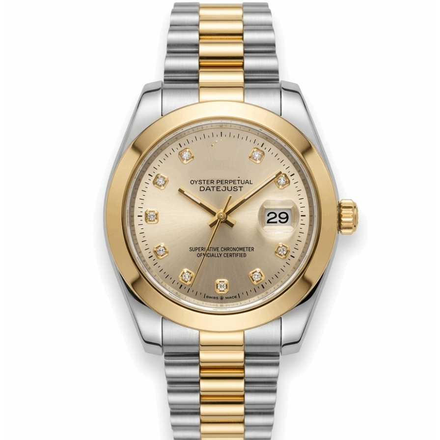 Two-tone men's quartz Datejust watch, gold bezel, champagne dial, steel-gold bracelet.