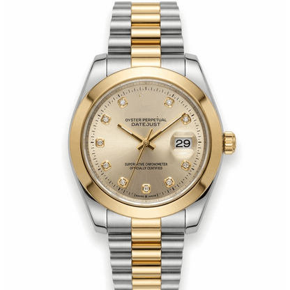 Two-tone men's quartz Datejust watch, gold bezel, champagne dial, steel-gold bracelet.