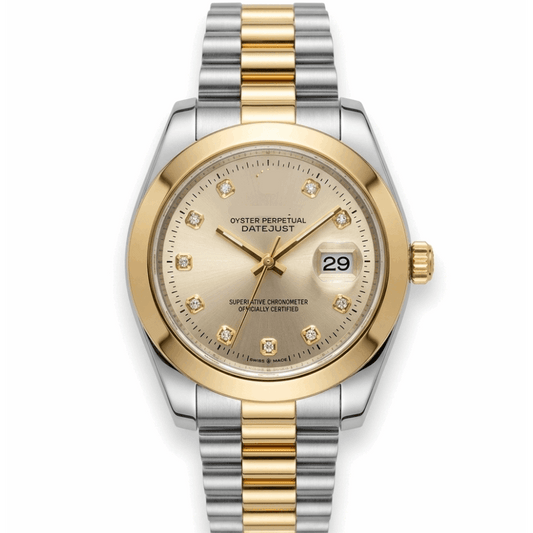Two-tone men's quartz Datejust watch, gold bezel, champagne dial, steel-gold bracelet.