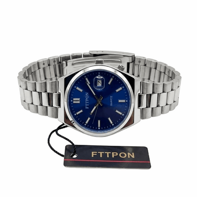 Fitpon waterproof men's fashion watch, blue dial with steel link bracelet